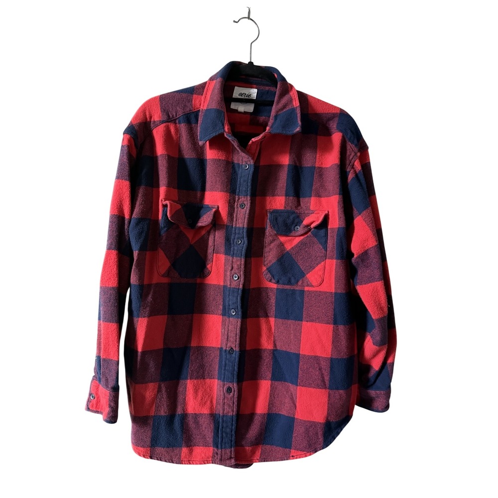 Aerie Womens Small Red Navy Buffalo Plaid Flannel Button Down Shirt Cotton